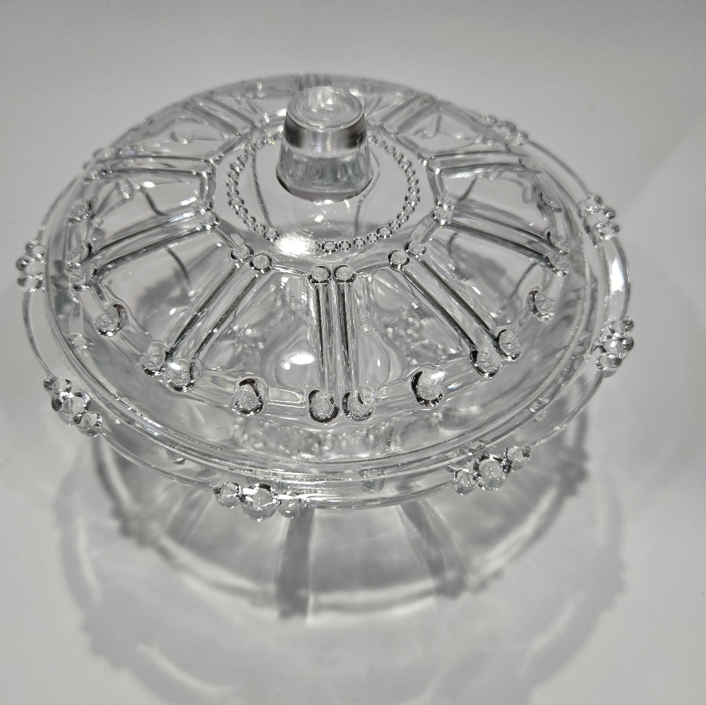 KIG Indonesia Clear Glass Covered Candy Dish  Bead And Panel 7" X 3.5"